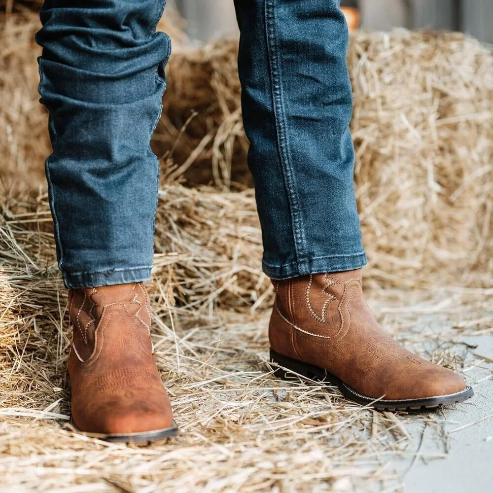 Men's Brown 2 Square Toe Chunky Heel Mid-calf Classic Embroidered Pull On Boots